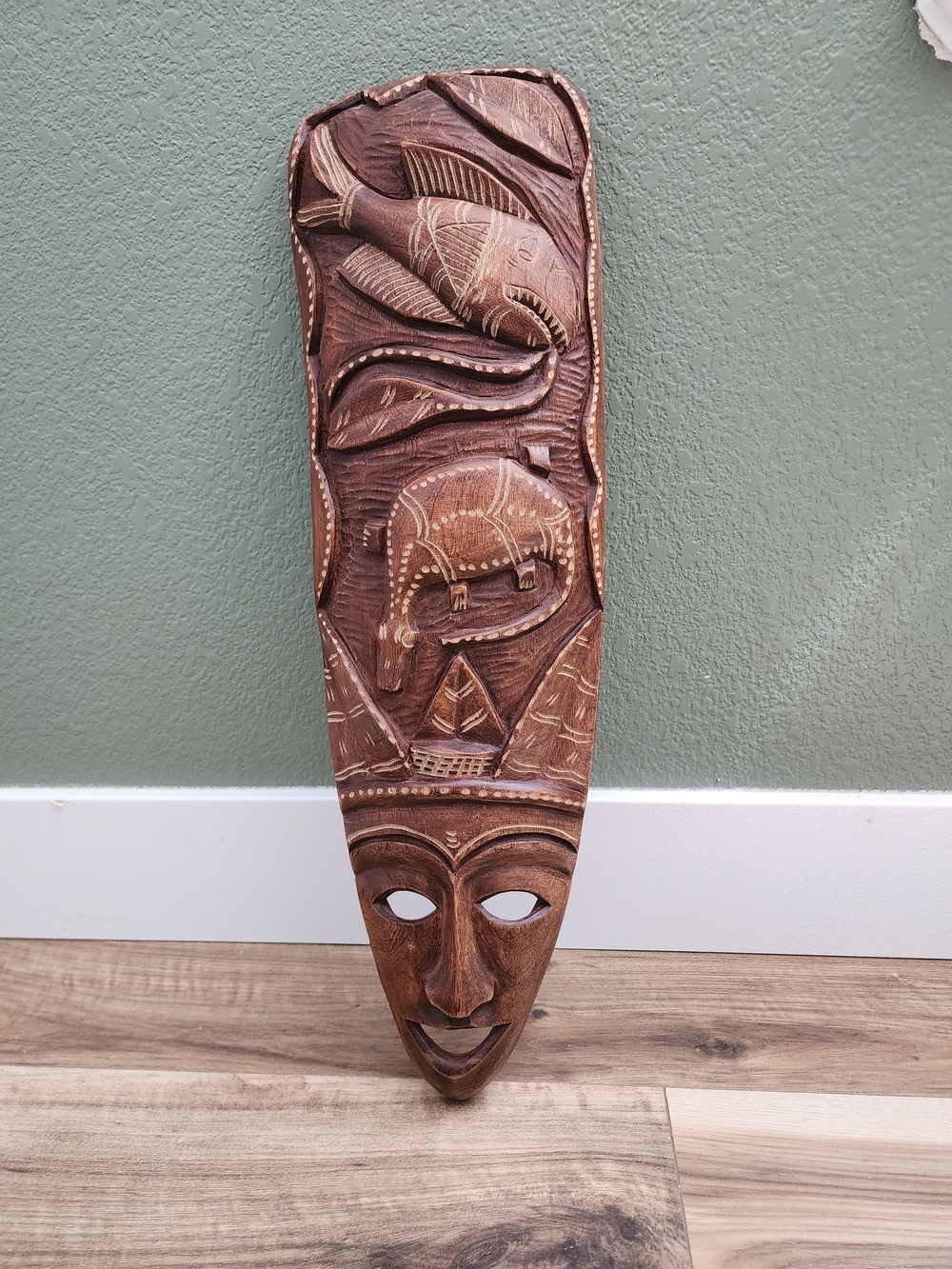 Hand-Carved Wooden Tribal Mask - Brown